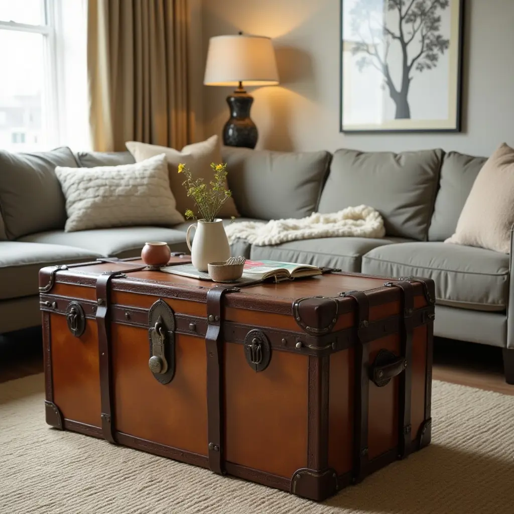 a photo of a vintage trunk used as a coffee table in a teen's room