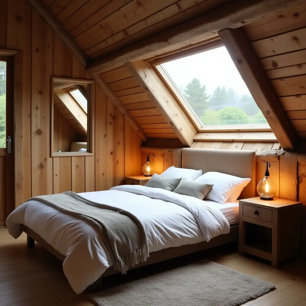 a photo of a cozy attic bedroom with skylights and rustic charm