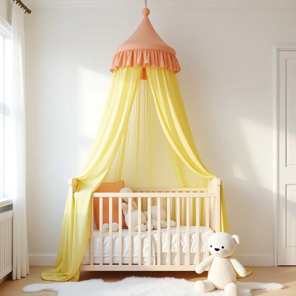 a photo of a bright nursery with a colorful canopy above a crib