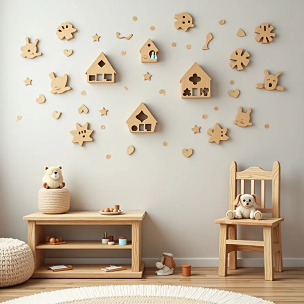 a photo of a fun kids' room with wooden puzzles on display