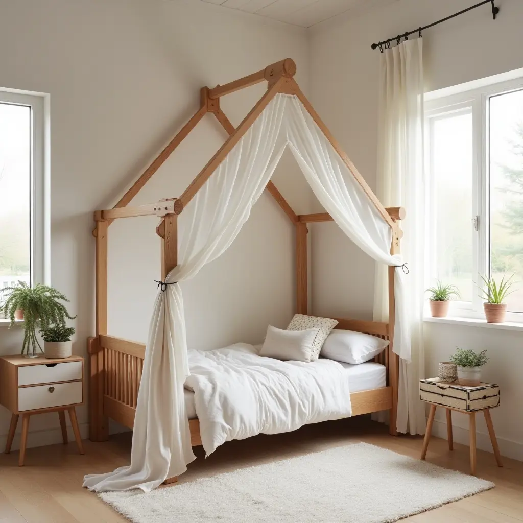 a photo of a whimsical kids' room with a wooden canopy bed