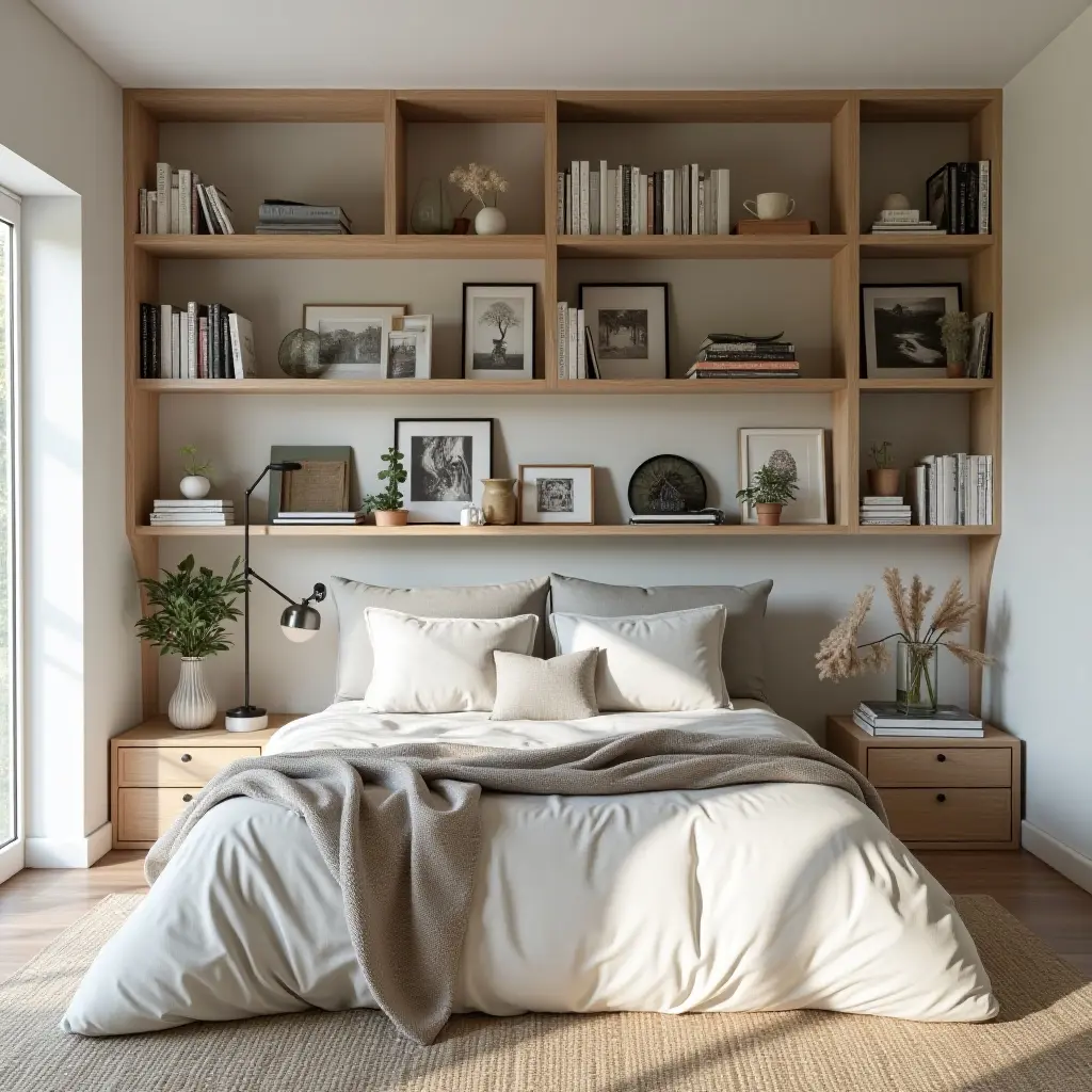 a photo of a creative bedroom shelving solution with a mix of books and photos
