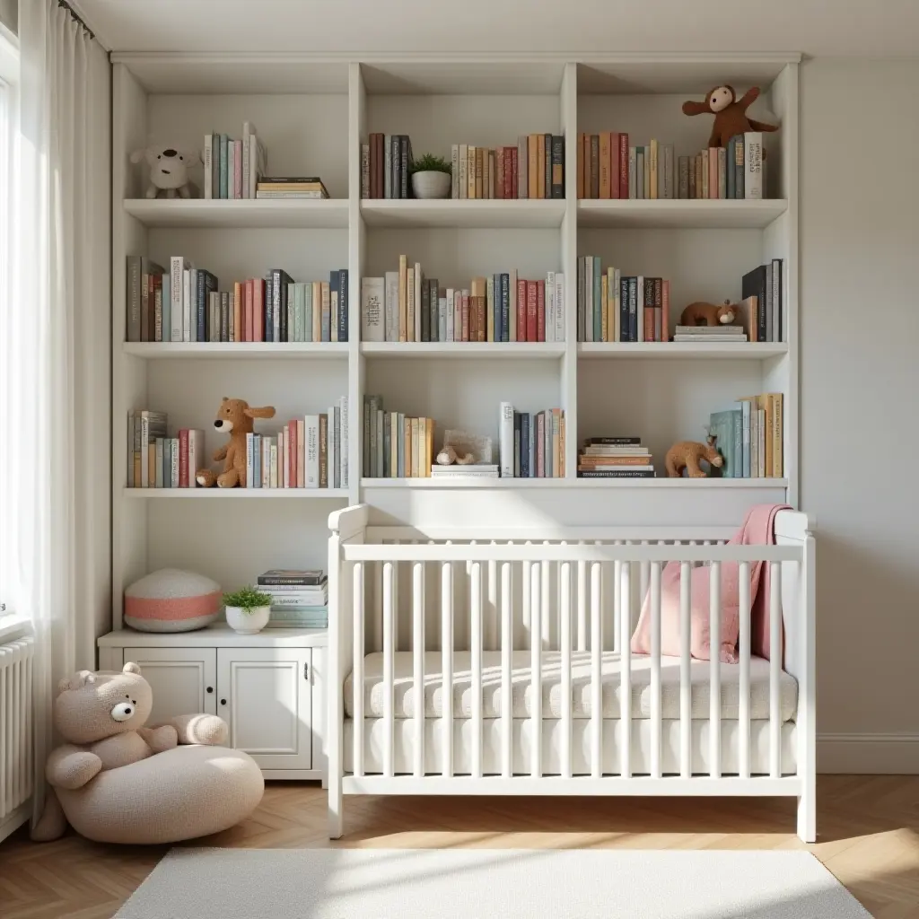 a photo of a nursery with an elegant bookshelf for children's books