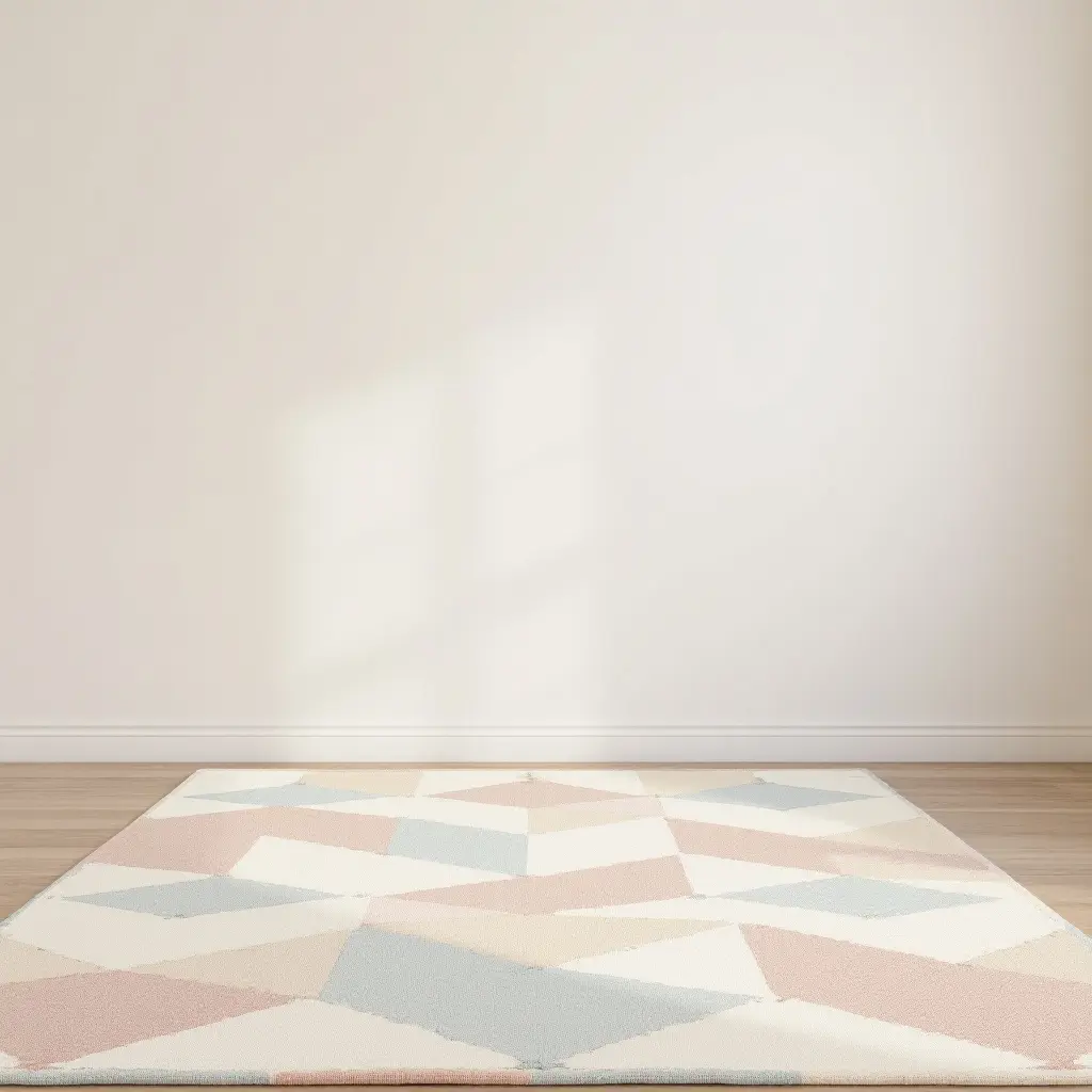 a photo of a geometric patterned rug in soft pastel shades for a nursery