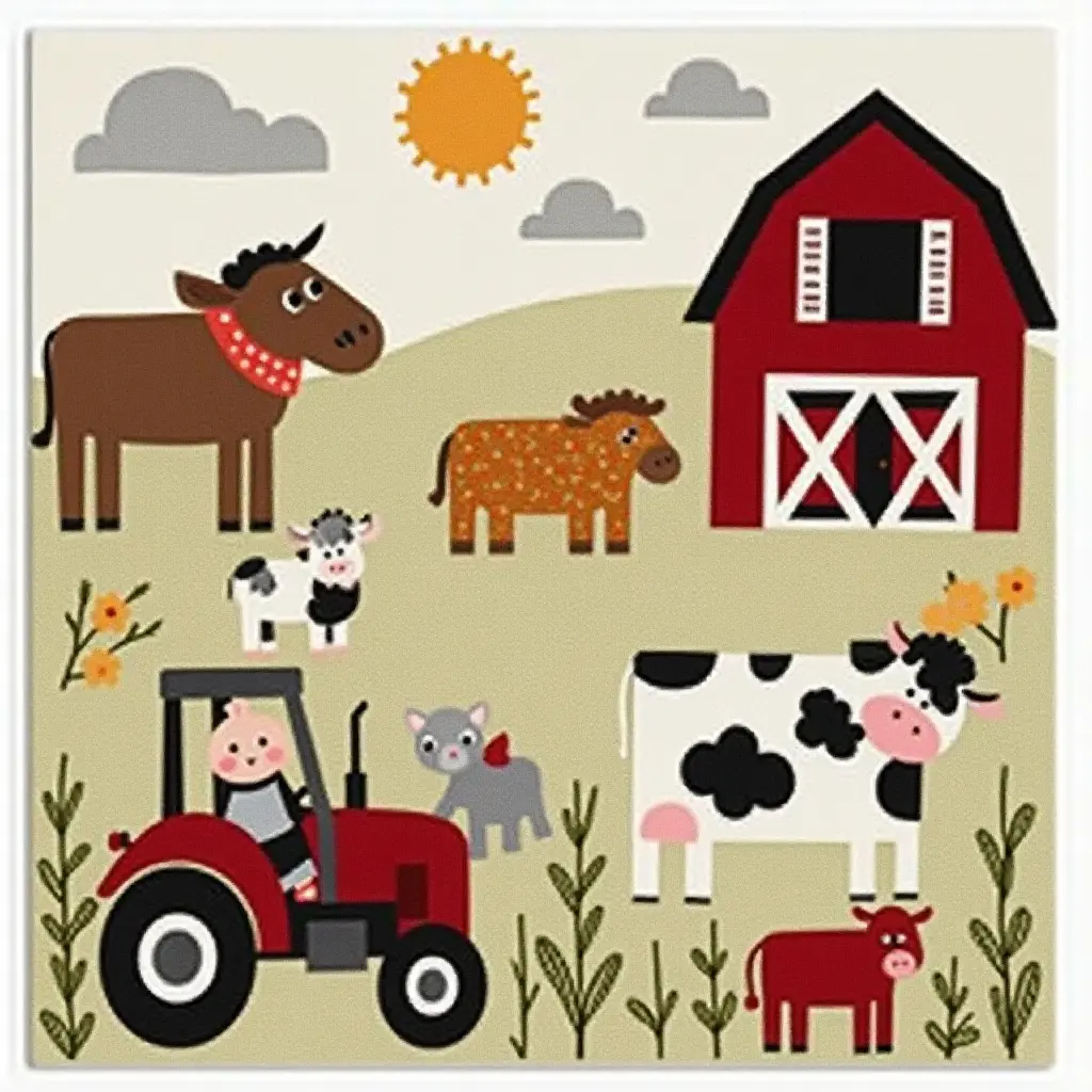 a photo of a farm animal rug with barn and tractor motifs for a nursery