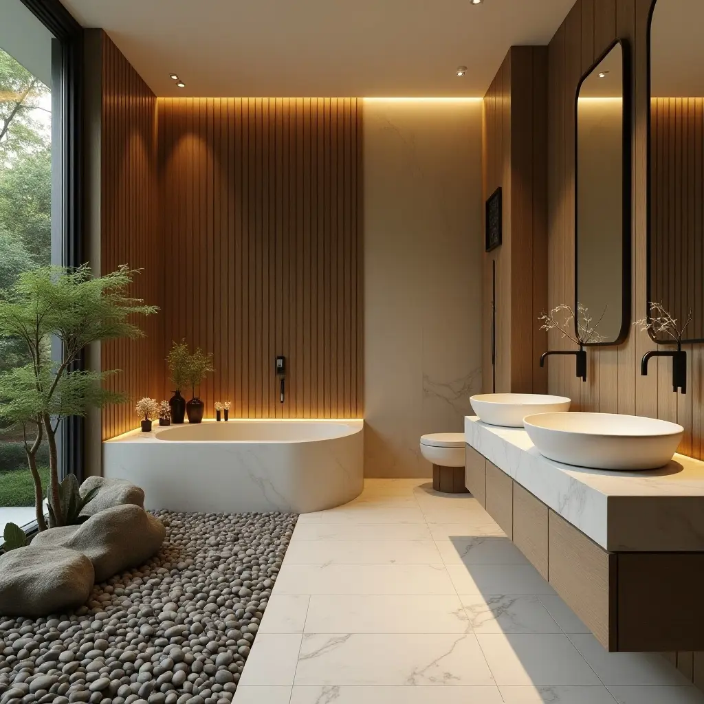 a photo of a spa-like bathroom with a zen garden and pebbles