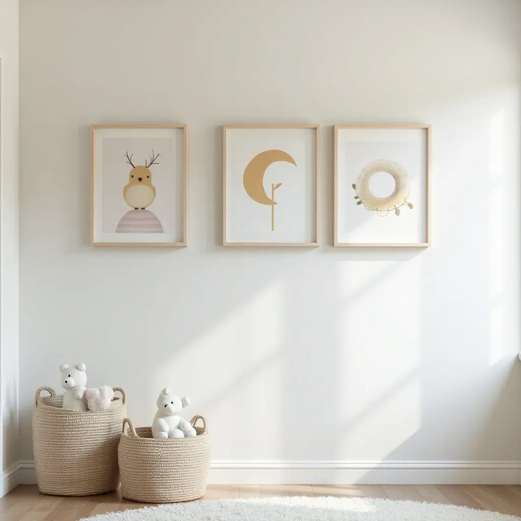 a photo of a nursery gallery wall incorporating shadow boxes