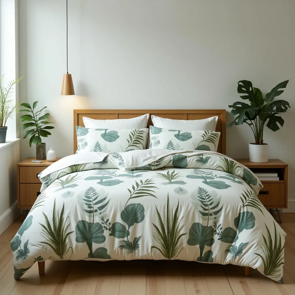 a photo of a plant-themed bedding set in a bedroom