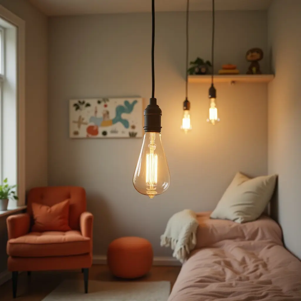 a photo of a vintage Edison bulb pendant light in a retro-themed kids' room