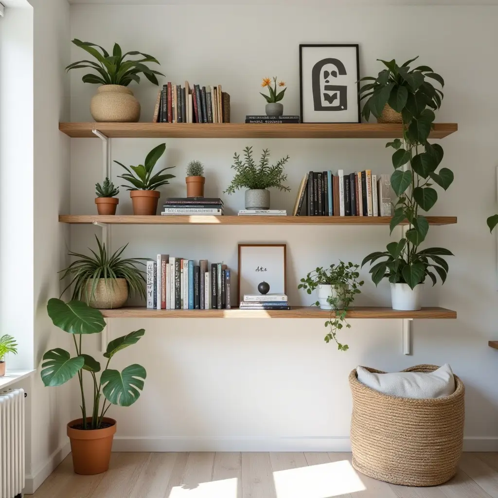 a photo of wooden shelves filled with books and plants in a teen's room