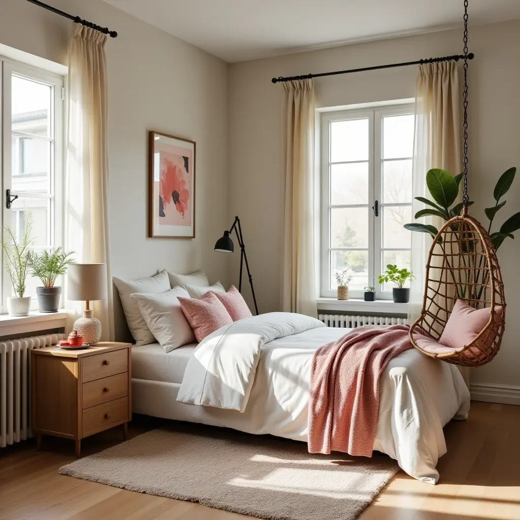 a photo of a trendy bedroom with a hanging chair and bright accents