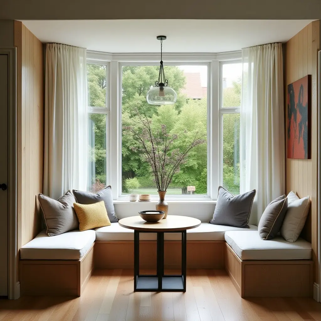 a photo of a breakfast nook with a view of the garden and natural light