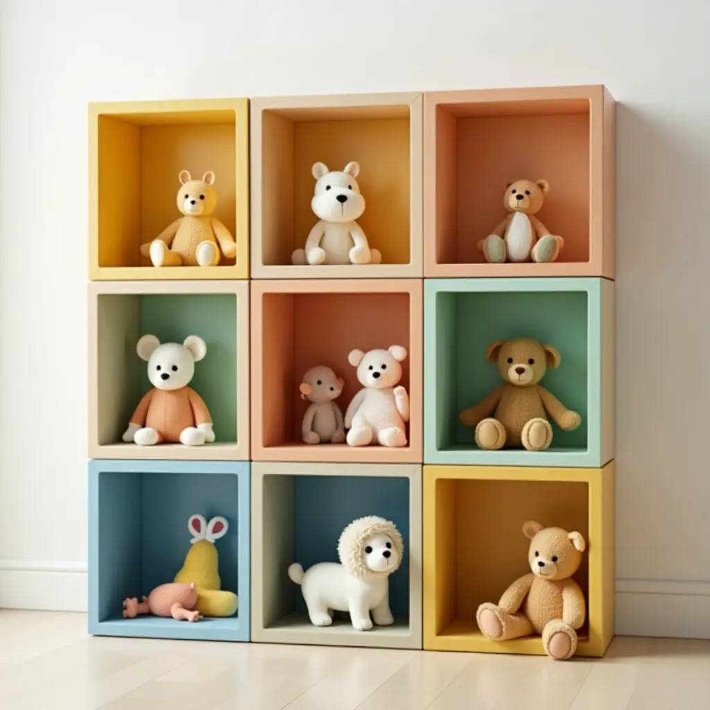 a photo of a colorful cube shelving system for organizing kids' toys