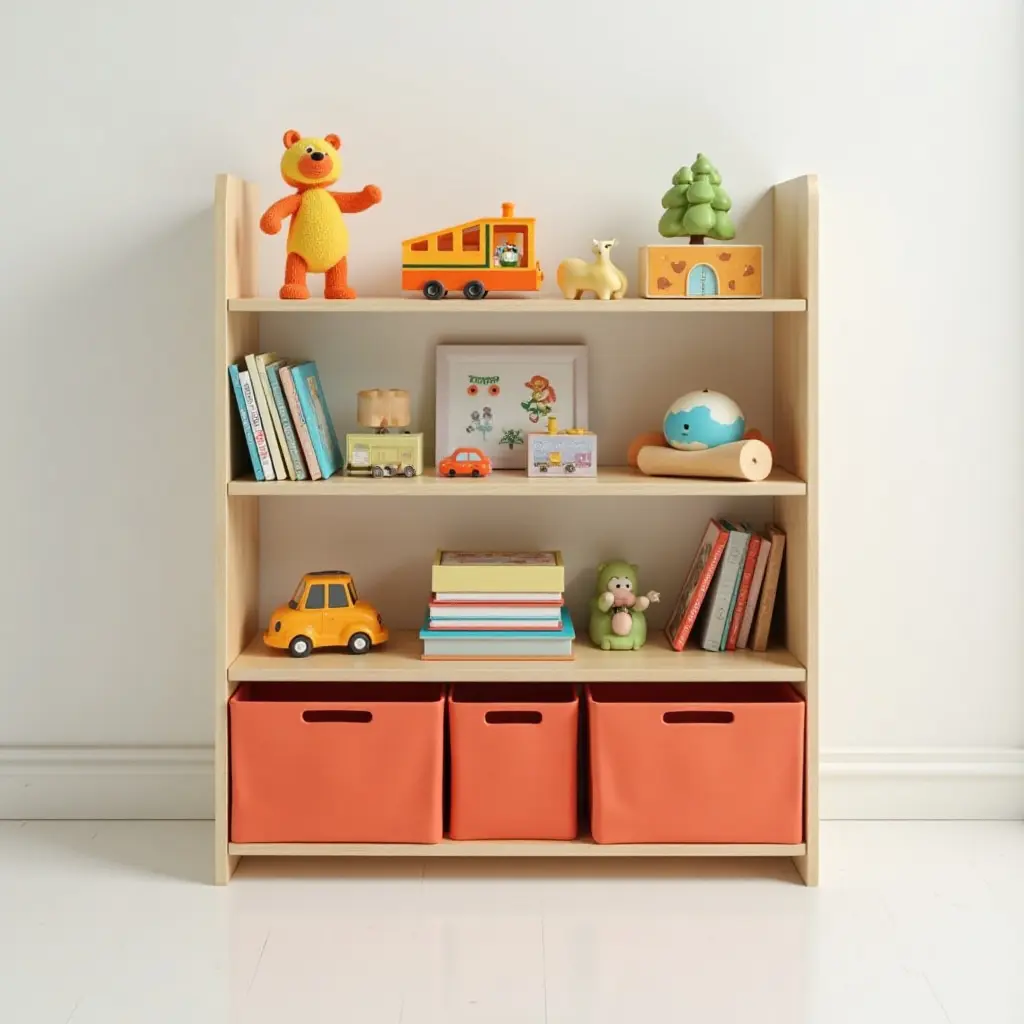 a photo of modular shelving with bright bins for kids' toys and books