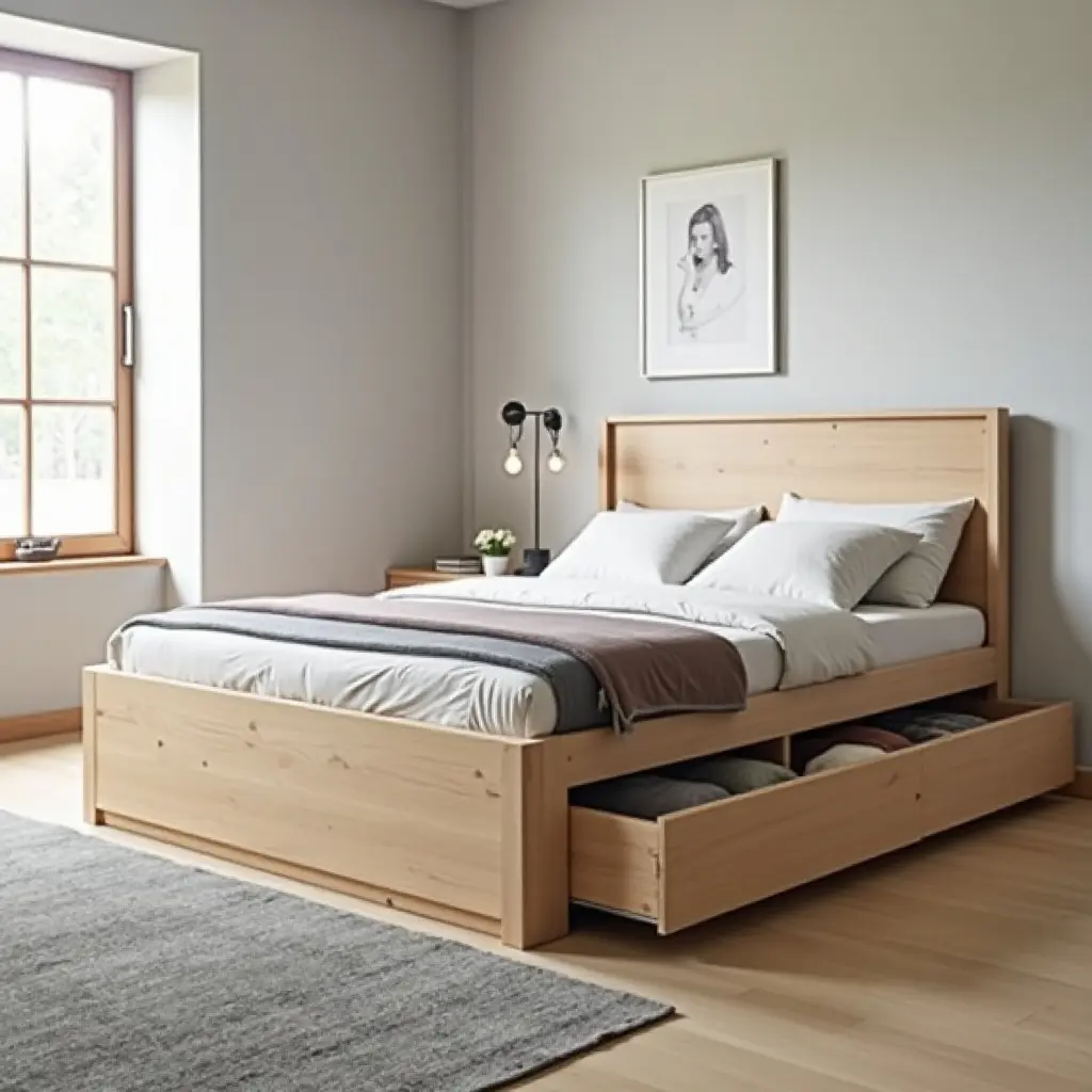 a photo of a bed with built-in drawers for efficient storage
