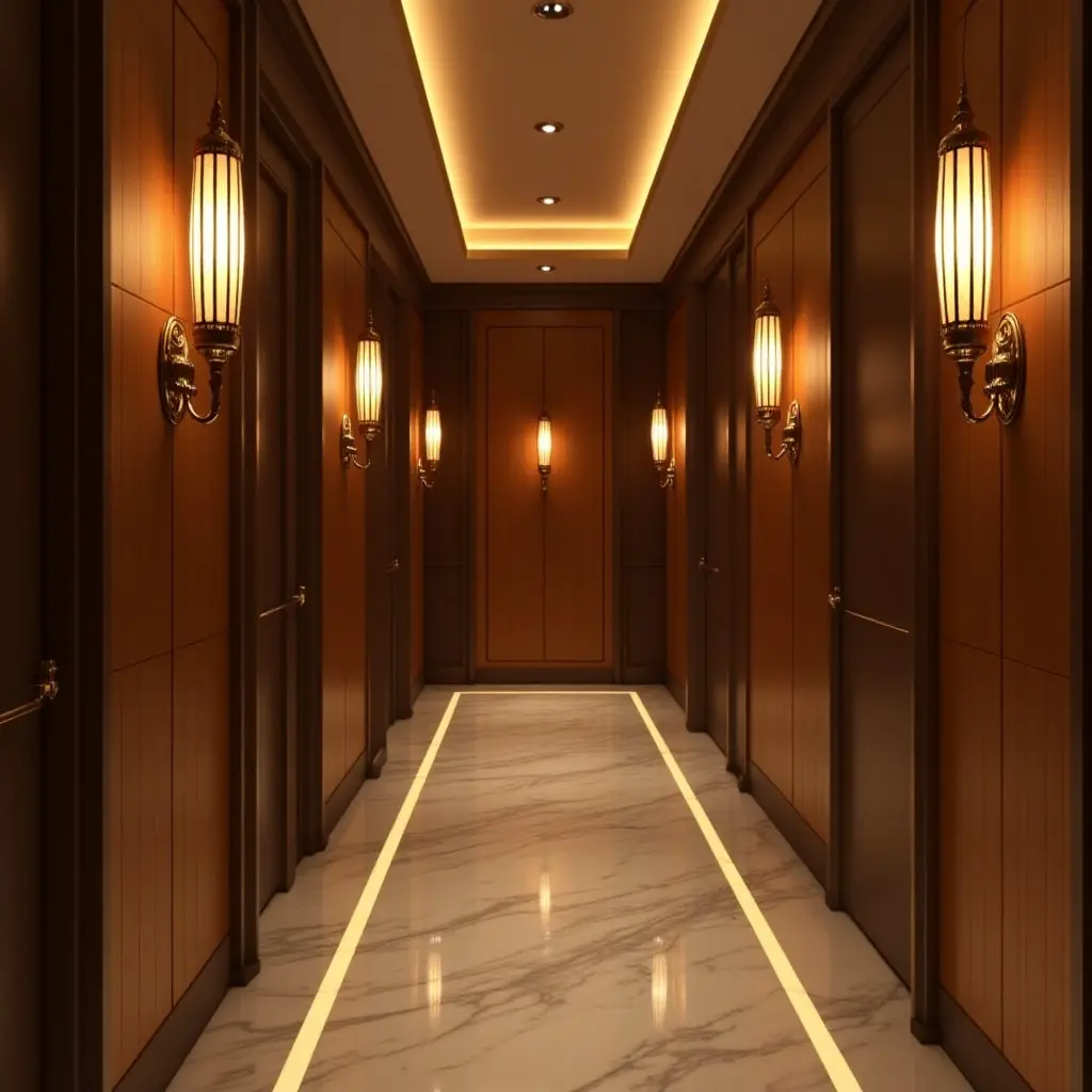 a photo of a glamorous corridor with elegant lighting fixtures