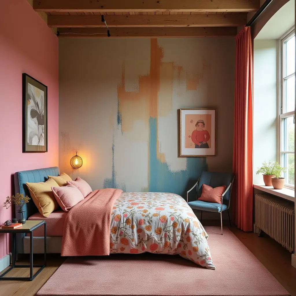 a photo of a vibrant teen room incorporating fabric, wood, and metal for balance
