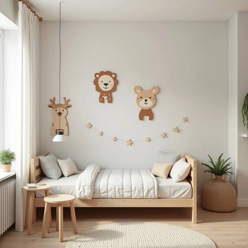 a photo of a playful kids' bedroom with wooden animal decor