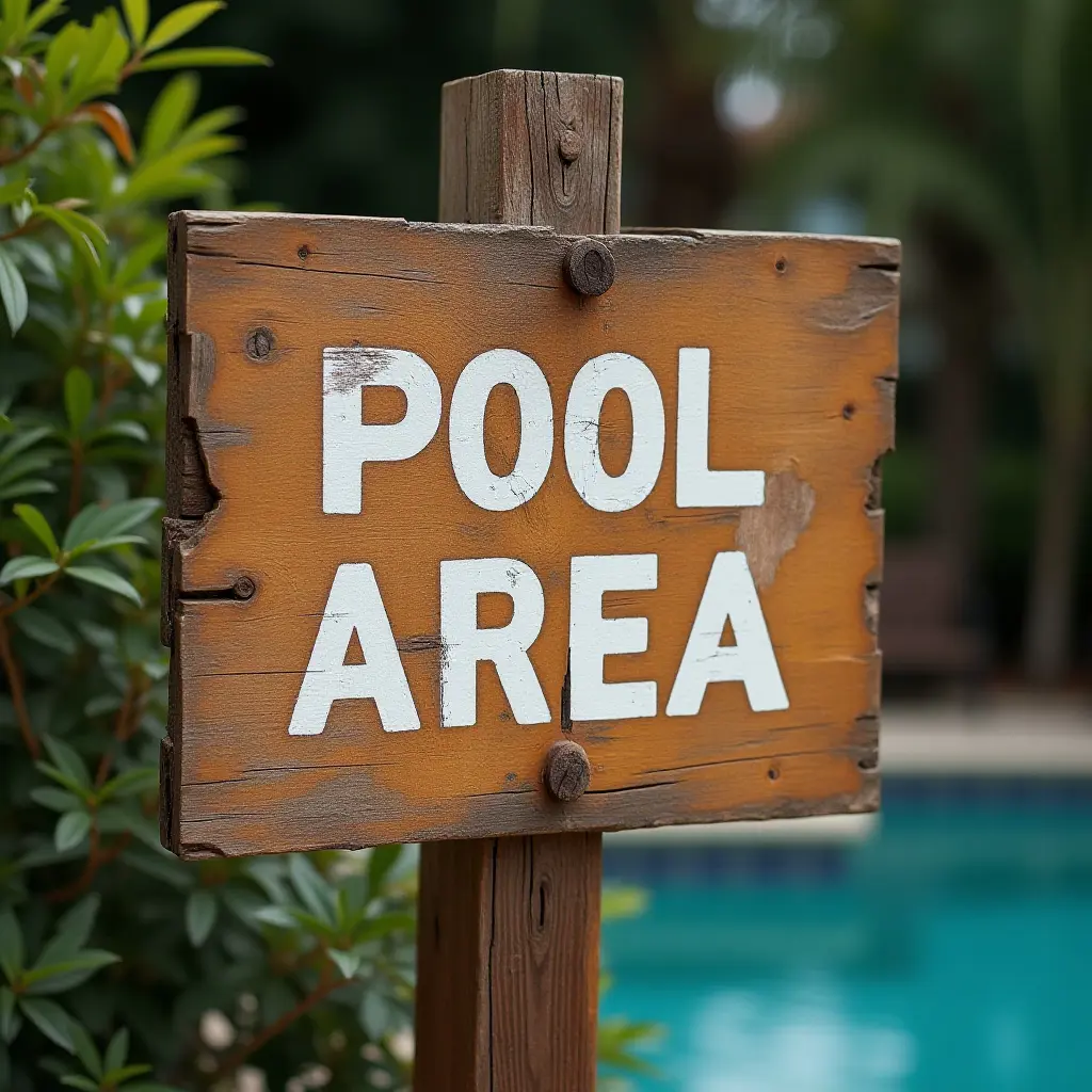 a photo of a distressed wooden sign marking the pool area