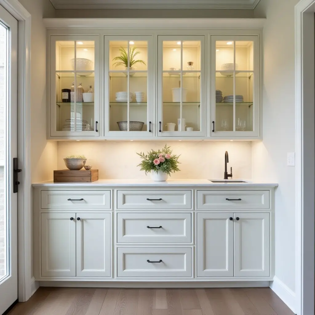 a photo of a butler's pantry with decorative glass doors and elegant finishes