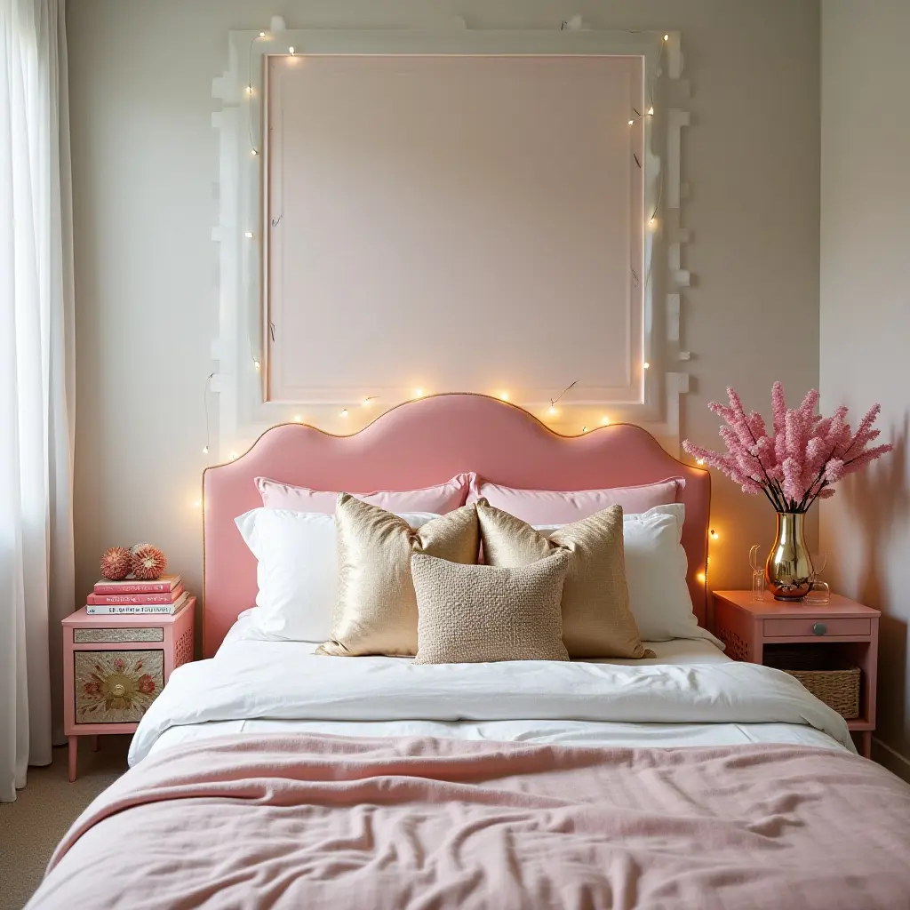 a photo of a vibrant children's bedroom with metallic accent pillows