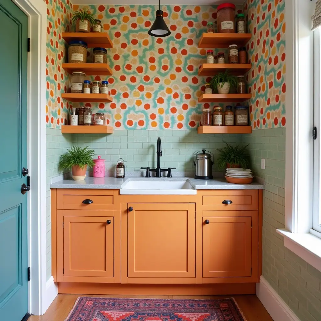 a photo of a colorful butler's pantry filled with organized spice jars and vibrant decor