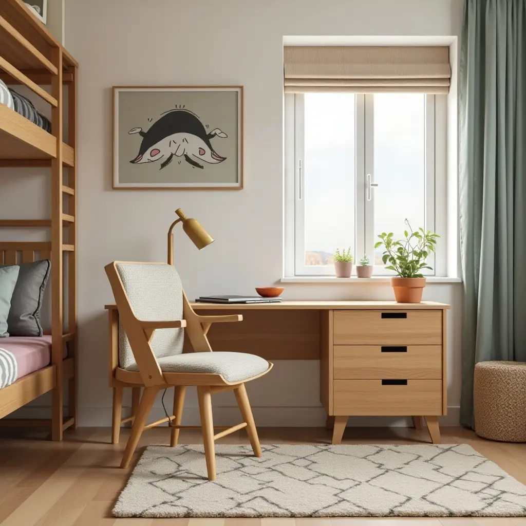a photo of a unique kids' room showcasing a vintage desk chair with modern desk