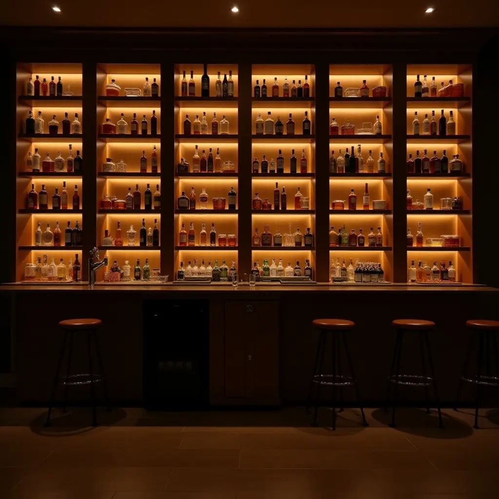 a photo of a basement bar area with backlit shelves and warm lighting