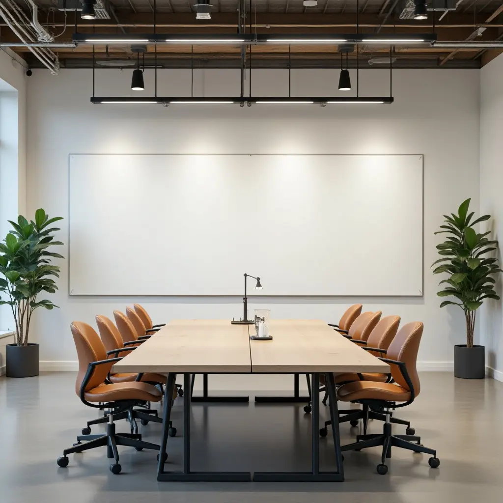 a photo of a collaborative workspace with a large table and whiteboard
