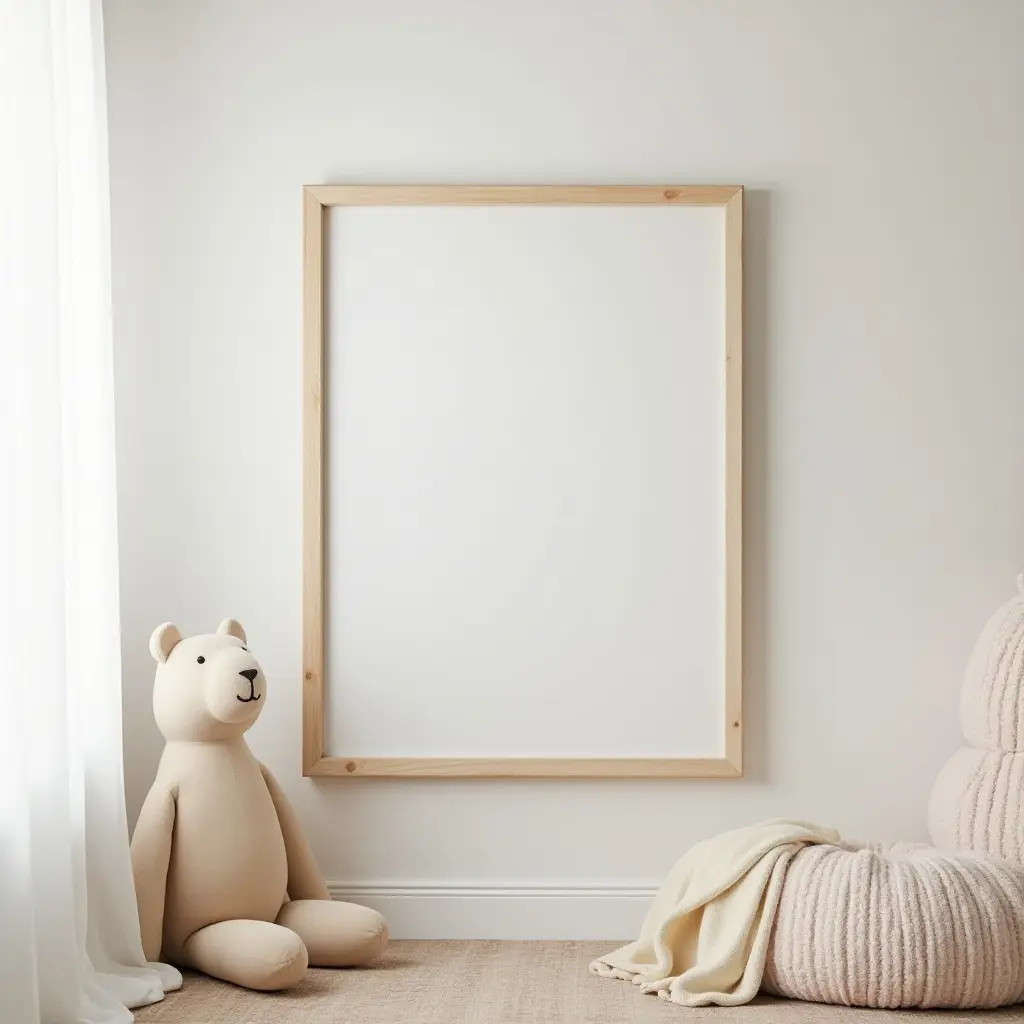 a photo of a charming kids' bedroom with wooden picture frames