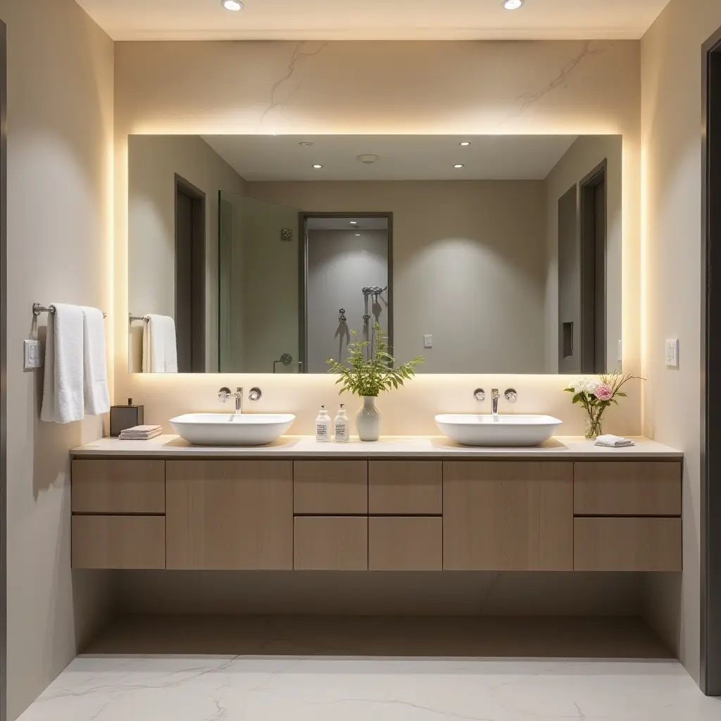 a photo of a bathroom with a large mirror and ample lighting for functionality