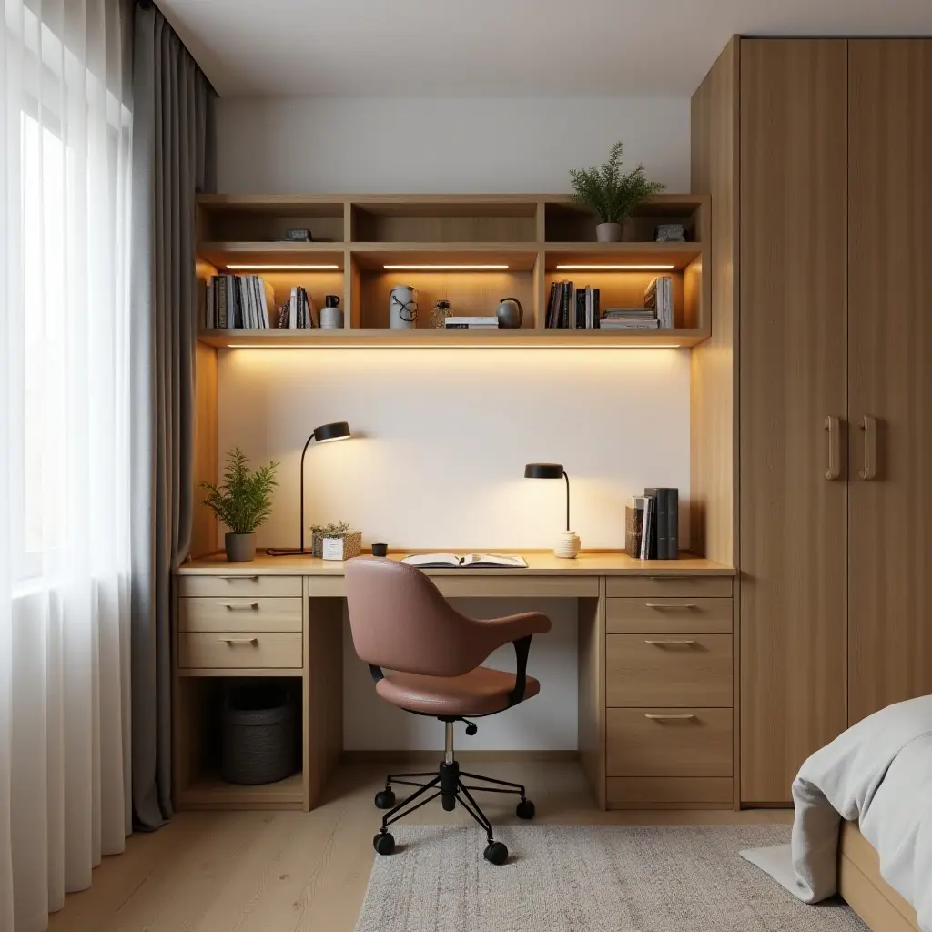 a photo of a wooden wall-mounted desk in a teen's bedroom