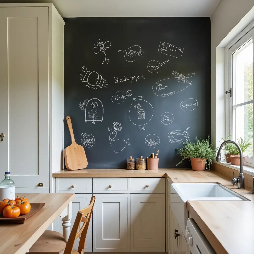 a photo of a family-friendly kitchen featuring a chalkboard for kids' drawings and notes