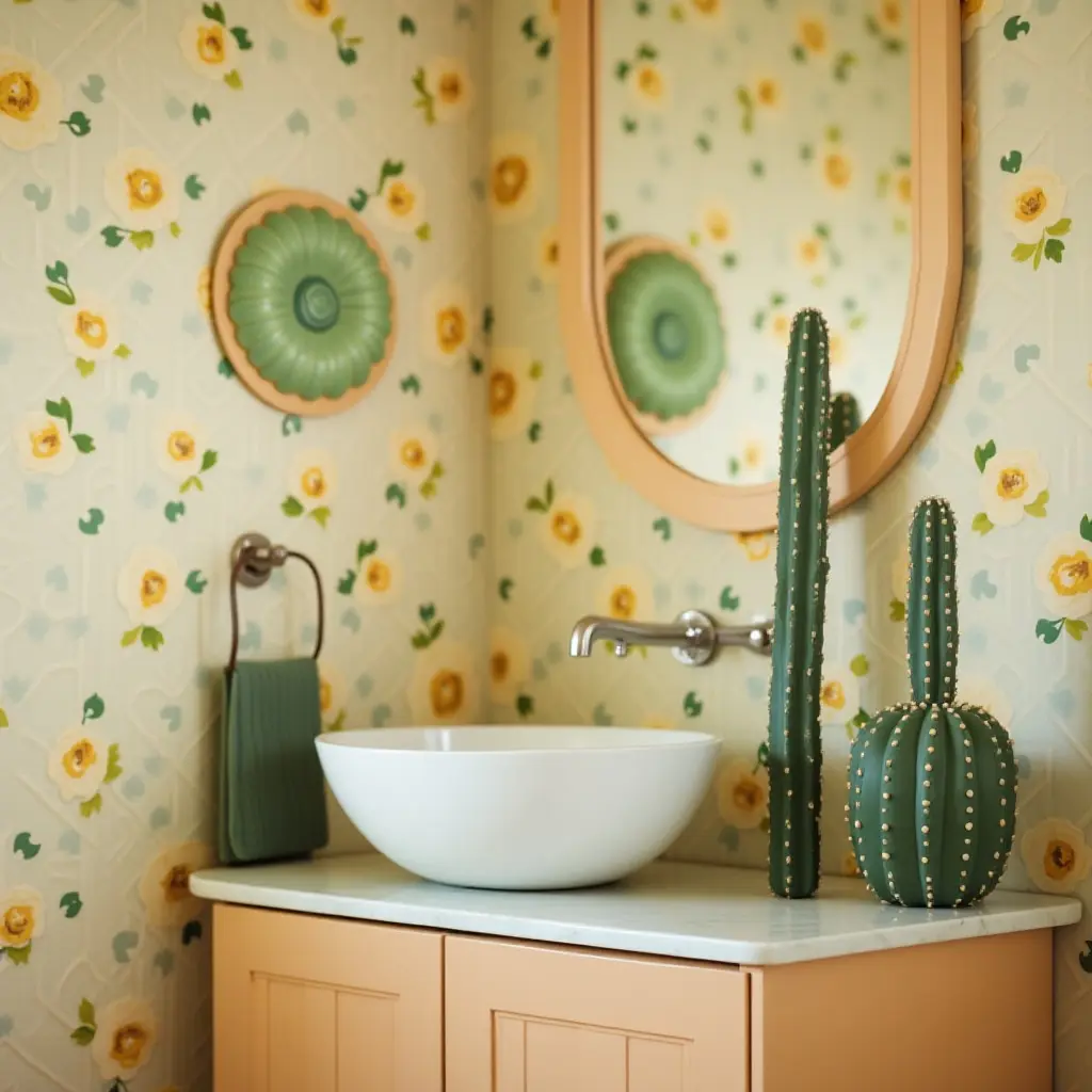 a photo of a retro bathroom with a cactus collection on the sink