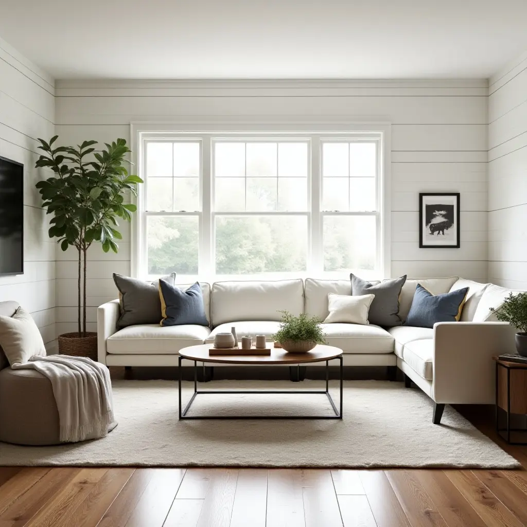 a photo of a farmhouse-inspired living room with shiplap walls and a cozy rug