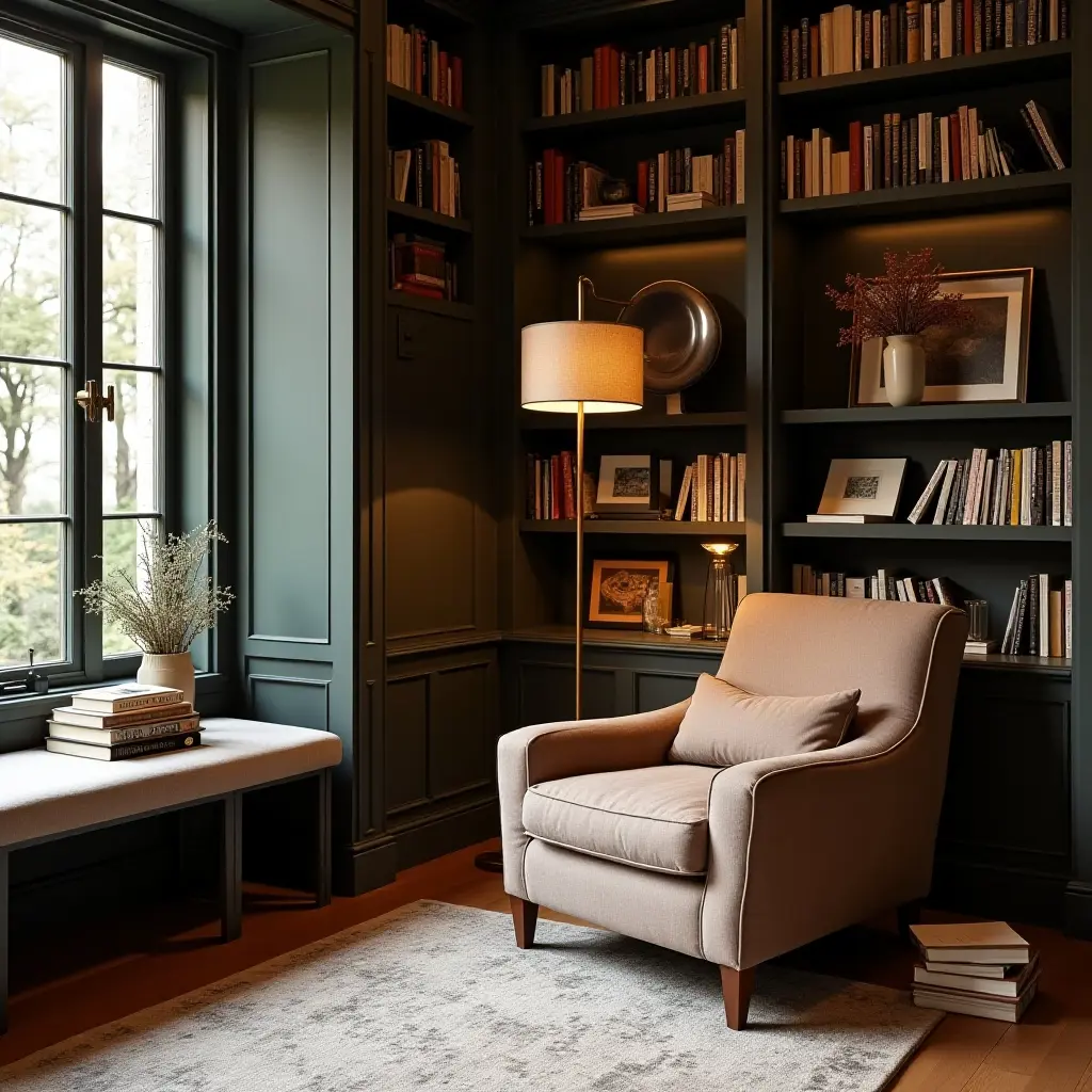 a photo of a cozy nook with a small library and reading chair