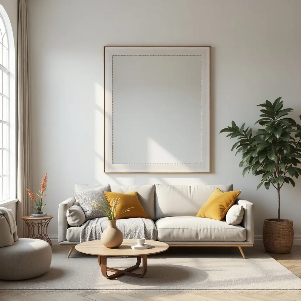 a photo of an elegant living room with an oversized mirror and bright decor