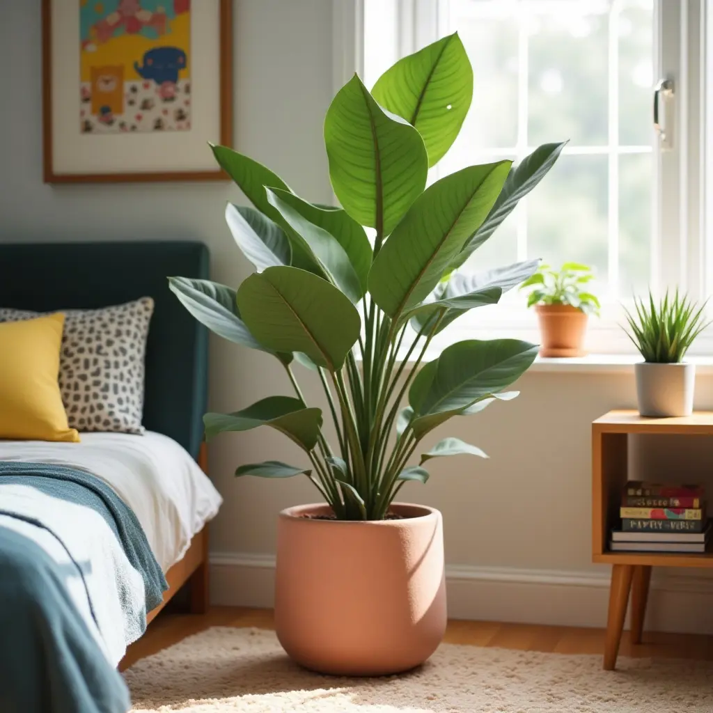 a photo of a teen's room showcasing a funky plant pot