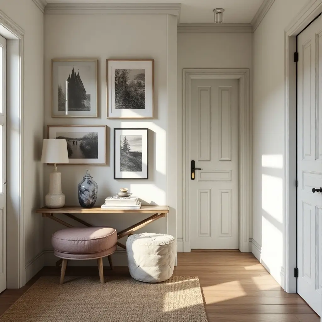 a photo of a cozy entrance hall with a gallery wall of art and photos