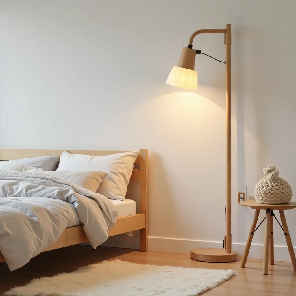 a photo of a modern kids' bedroom featuring a wooden floor lamp