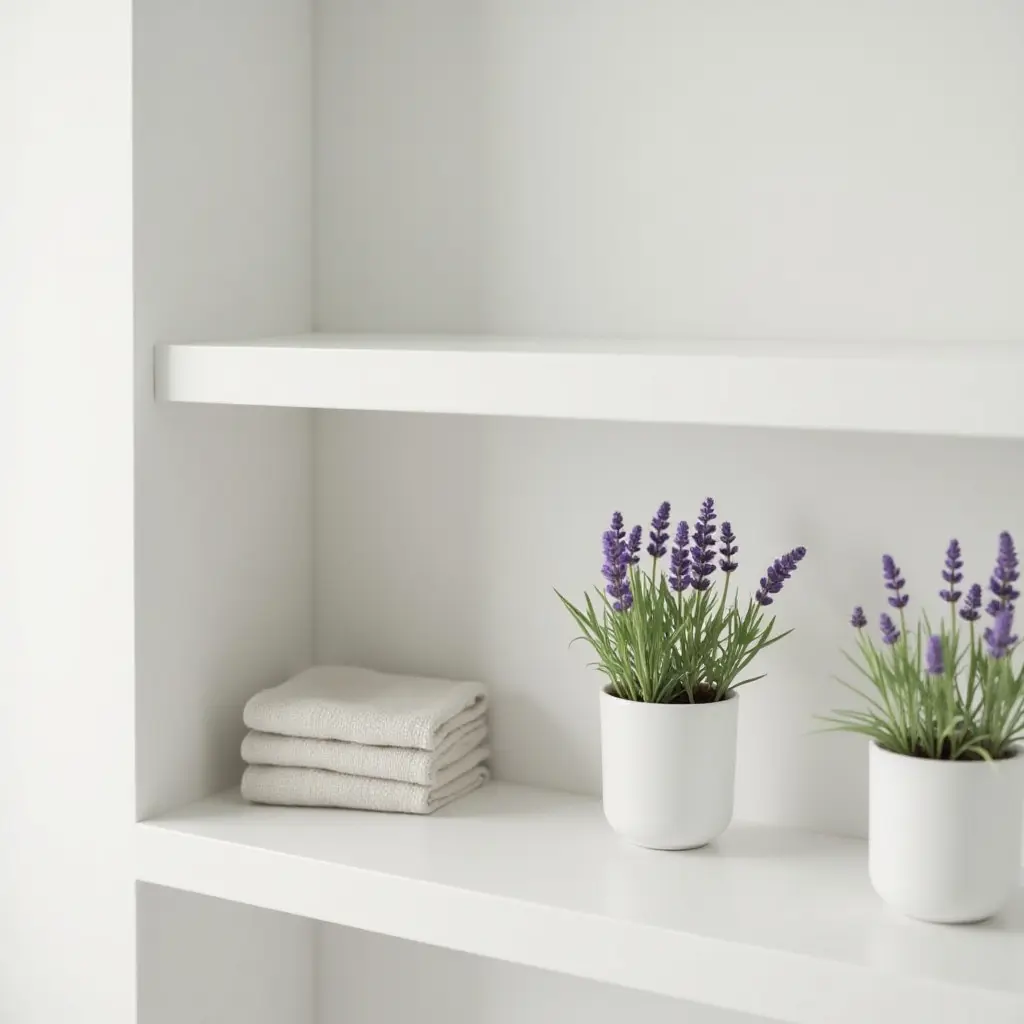 a photo of a calming bathroom with lavender plants on the shelf