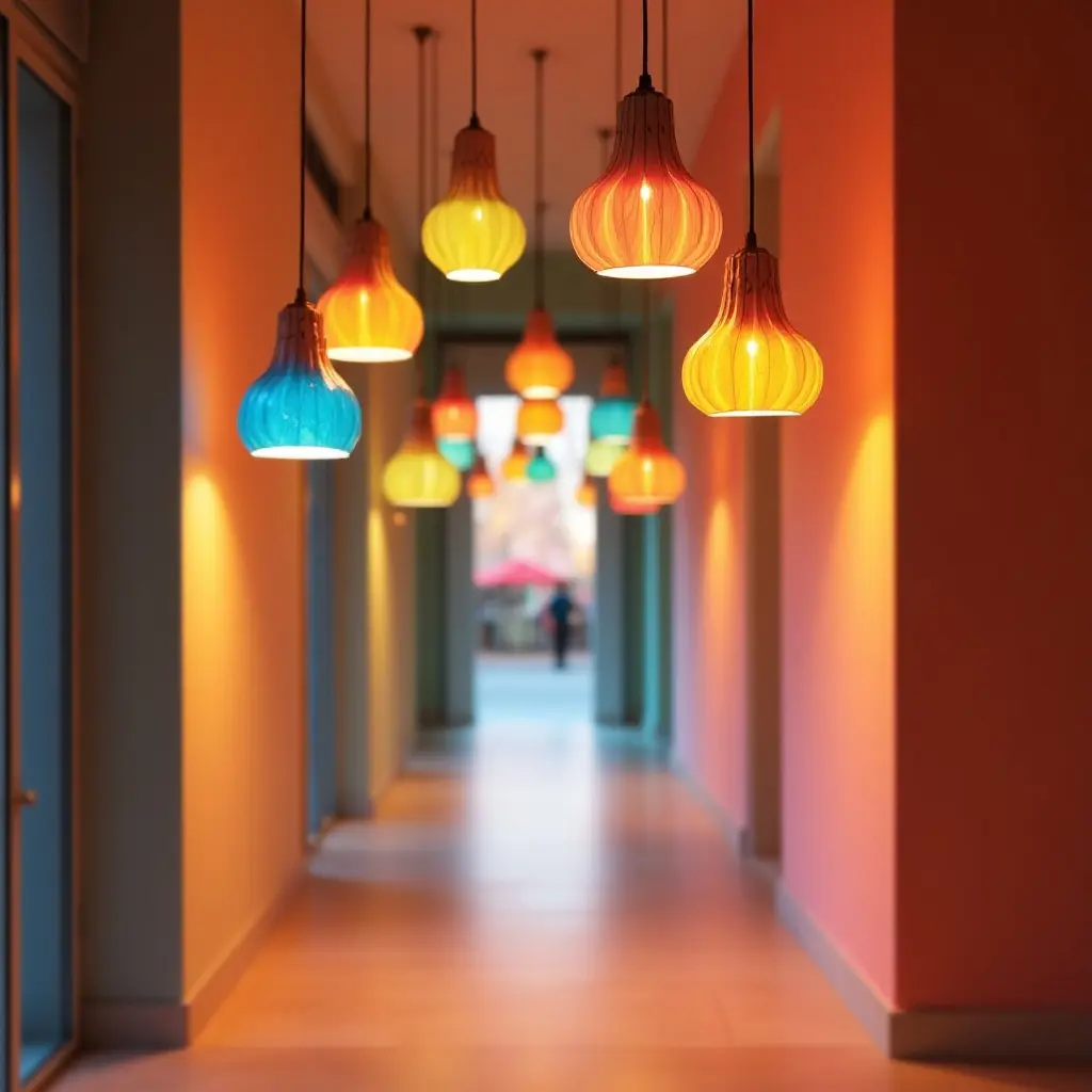 a photo of a bright corridor showcasing colorful pendant lights