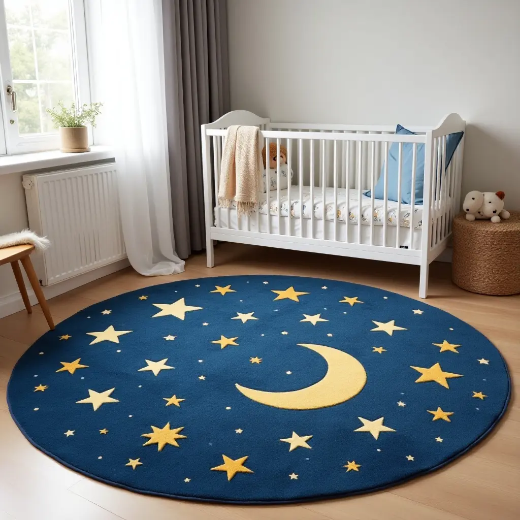 a photo of a celestial-themed rug featuring stars and moons for a nursery