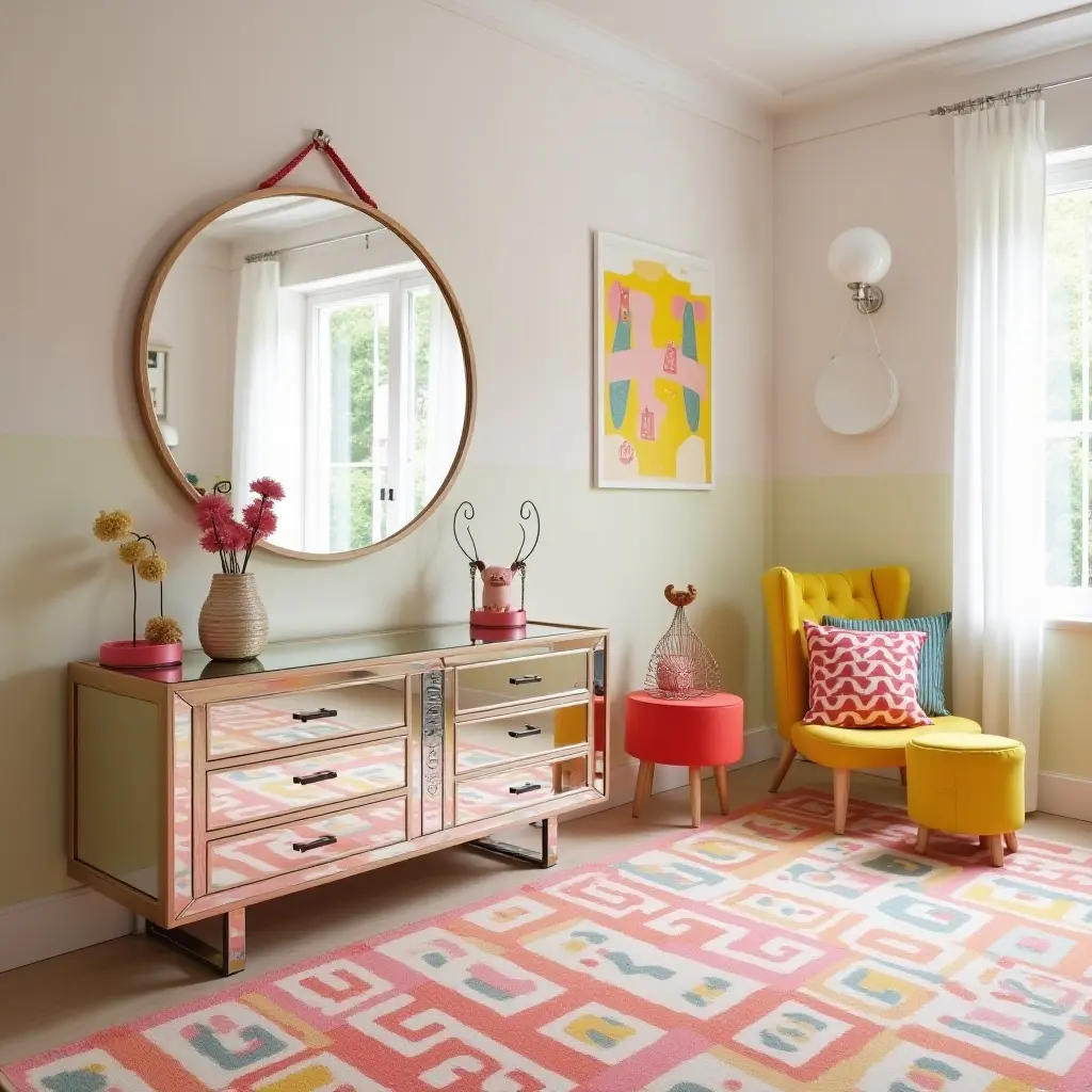 a photo of a playful kids' room featuring mirrored furniture and bright colors