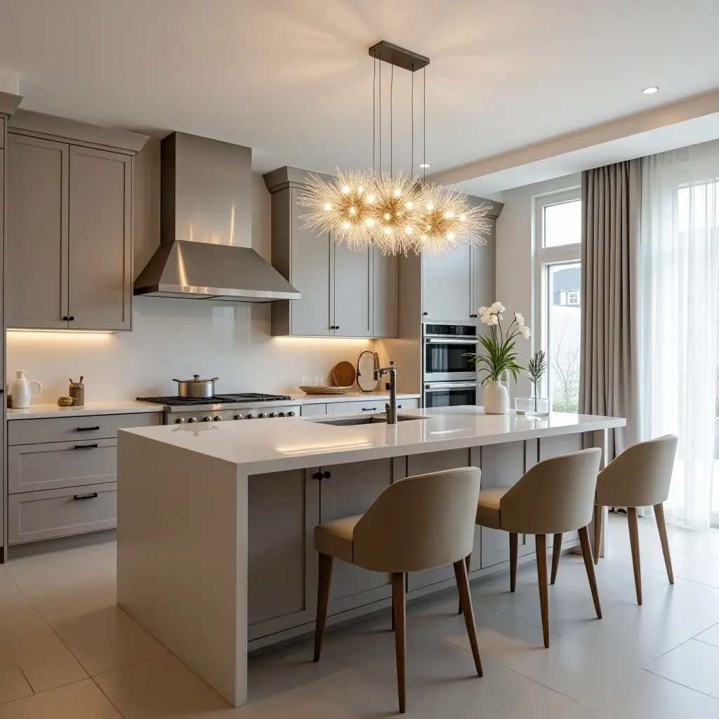 a photo of a modern kitchen with a sparkling chandelier and sleek cabinetry