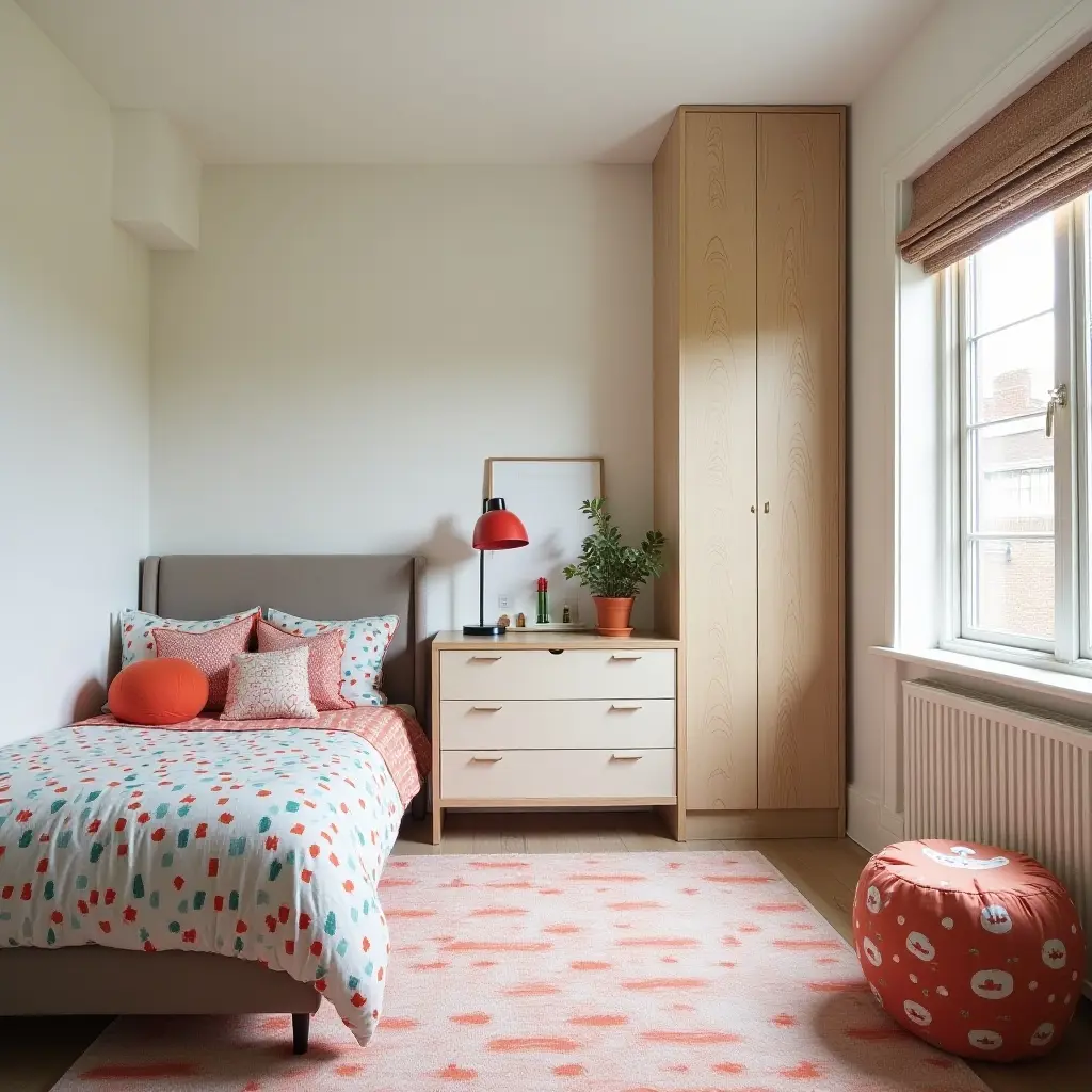 a photo of a cheerful kids' bedroom with patterned fabric, reclaimed wood accents, and brushed metal details