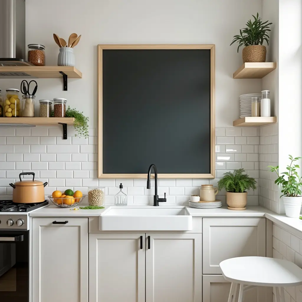 a photo of a functional kitchen with a chalkboard grocery list and stylish organization