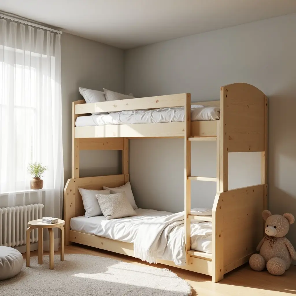 a photo of a modern kids' bedroom featuring a wooden loft bed