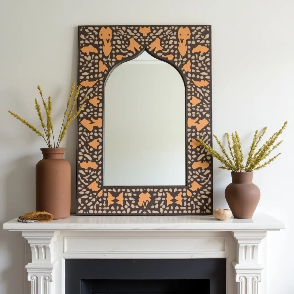 a photo of a bohemian-style mantel showcasing a patterned mirror and eclectic decor