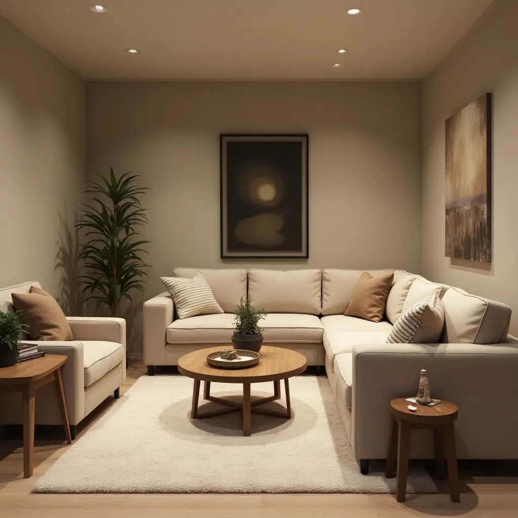 a photo of a basement retreat area with comfortable seating and calming decor